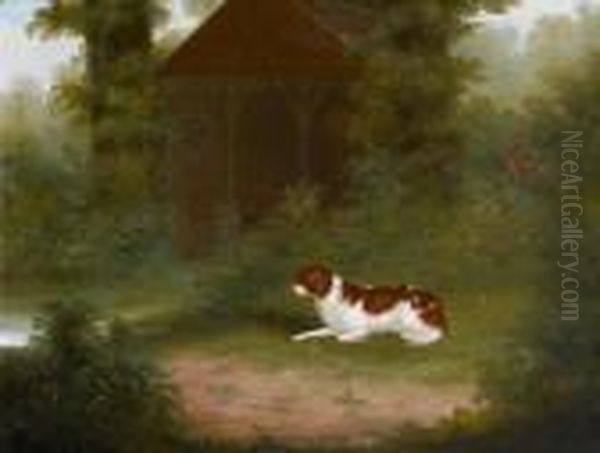 The Springer Spaniel 'dash' Before A Gazebo Oil Painting by Charles Hamilton Smith