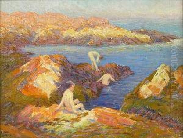 Bathers Amongst The Rocks In A Cove Oil Painting by Frederick Carl Smith
