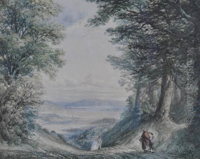 Figures On A Hilltop Road Overlooking A Lakeside Town Oil Painting by John Warwick Smith