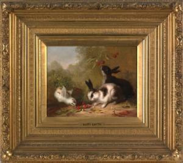 Two Bunnies And A Chick Eating Cherries Oil Painting by Mary Russell Smith