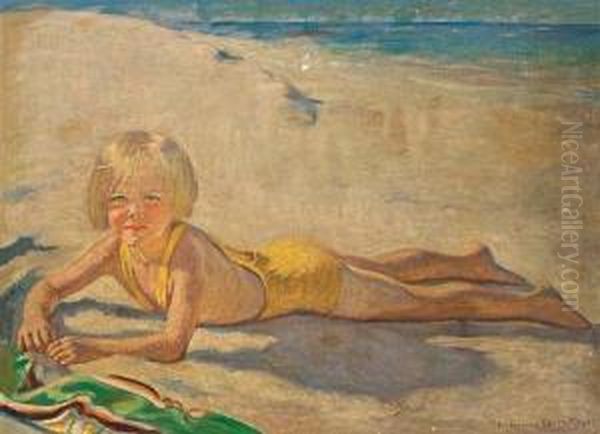 Girl On A Beach (rosamond Laidler) Oil Painting by Rosamond Lombard Smith