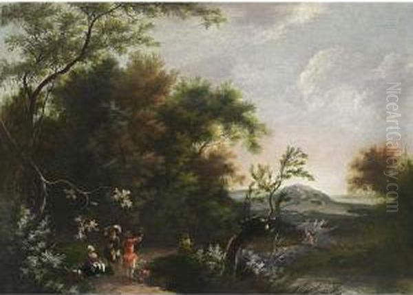 A Wooded Landscape With Travellers Resting And Conversing On A Path, Hills Beyond Oil Painting by Jan Iii Snellinck
