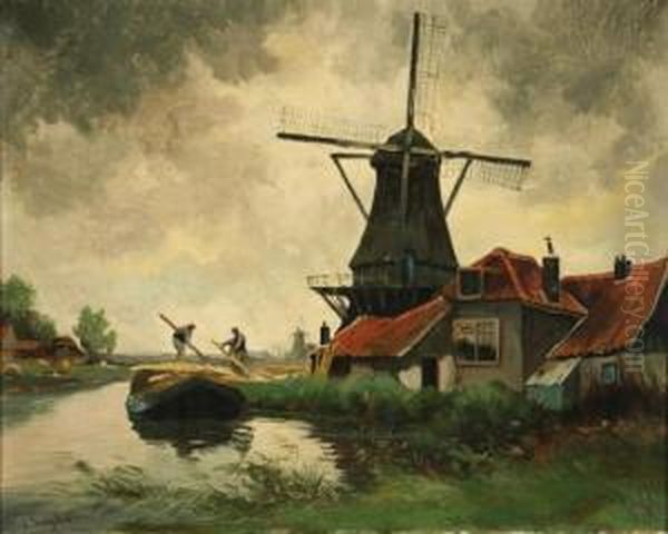 Estuary Scene With Windmill Oil Painting by Christian Snijders