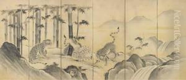 Tigers In A Bamboo Grove Oil Painting by Tosetsu Sogetsu