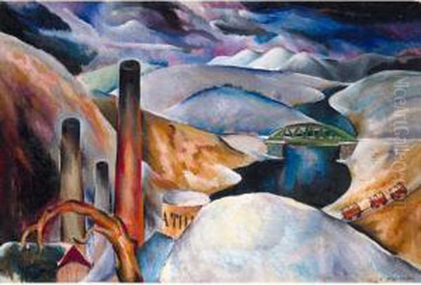 Landscape With Factory Chimneys And Bridge Oil Painting by Petr Ivanovich Sokolov