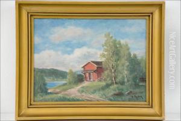 Punainen Mokki - Rod Stuga. Oil Painting by Uuno Soldan