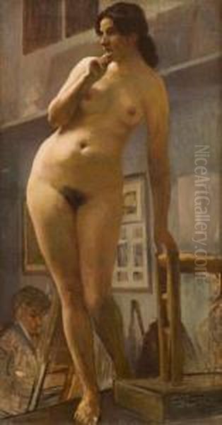 Il Pittore E La Modella Nello Studio Oil Painting by Giorgio Soldaticz