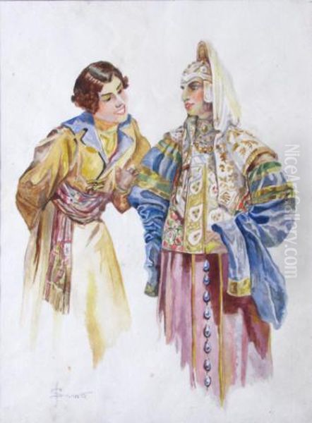 Two Figures In Period Costumes Oil Painting by Sergei Solomko