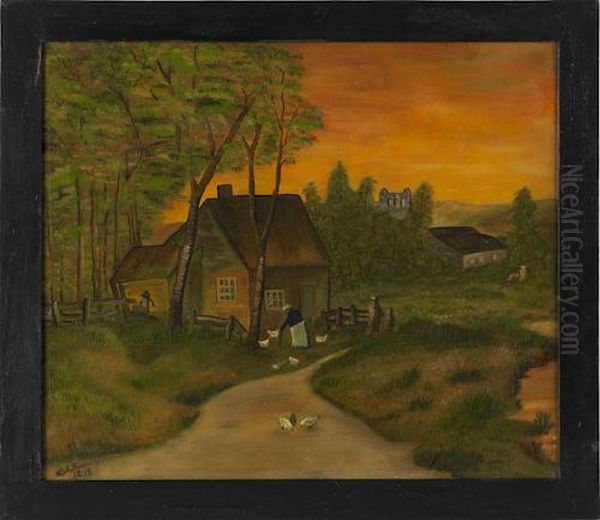 Primitive Farmscene Oil Painting by Howard Somerville