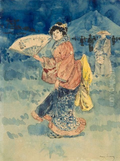 Japonaise A L'eventail Ouvert Et Japonaise A L'eventail Ferme Oil Painting by Henry Somm