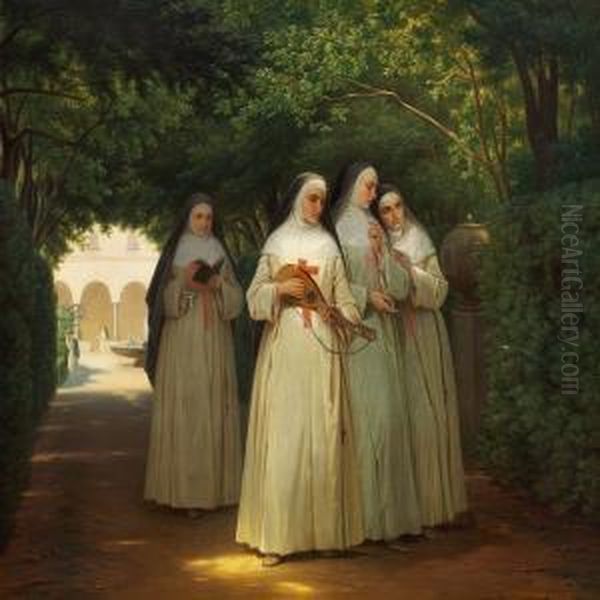 Nonner Spadsere I Klosterhaven Oil Painting by Jorgen Valentin Sonne