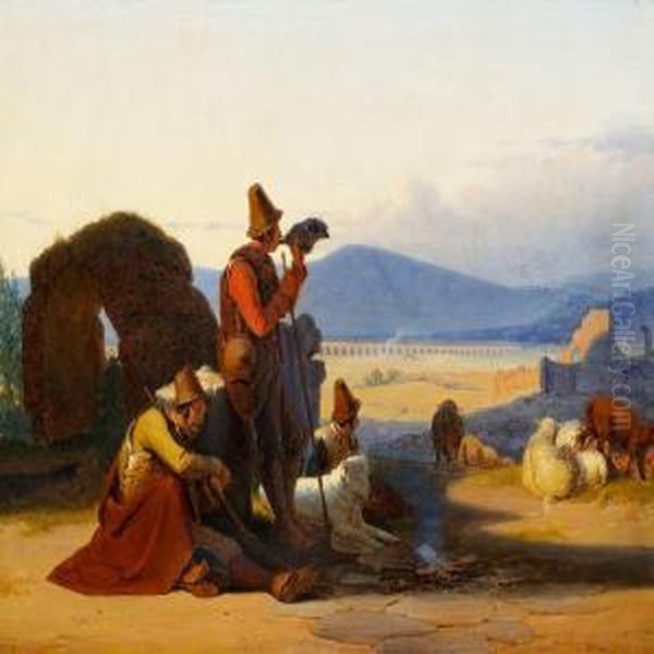 Shepherds In The Romancampagna Oil Painting by Jorgen Valentin Sonne