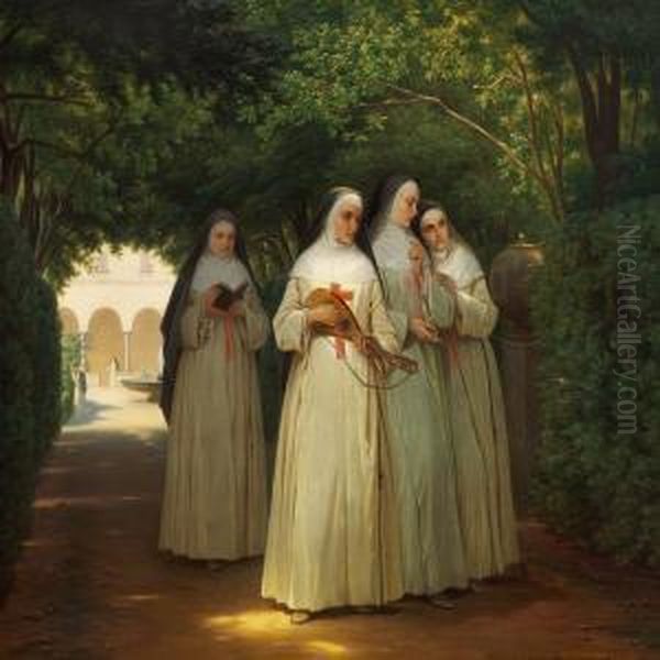 Nuns Walking In A Cloister Garden In Rome Oil Painting by Jorgen Valentin Sonne