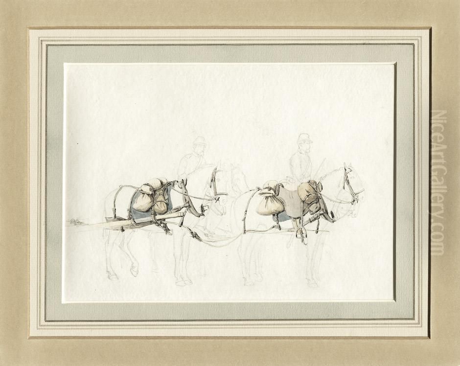 Viergespann Mit Zwei Reitern Und Zwei Packpferden Oil Painting by Jorgen Valentin Sonne
