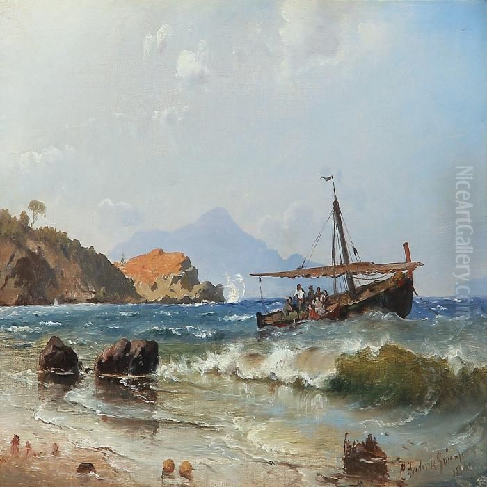 Coastal Scape With A Sailing Ship Near The Shore, Italian Oil Painting by C. F. Sorensen