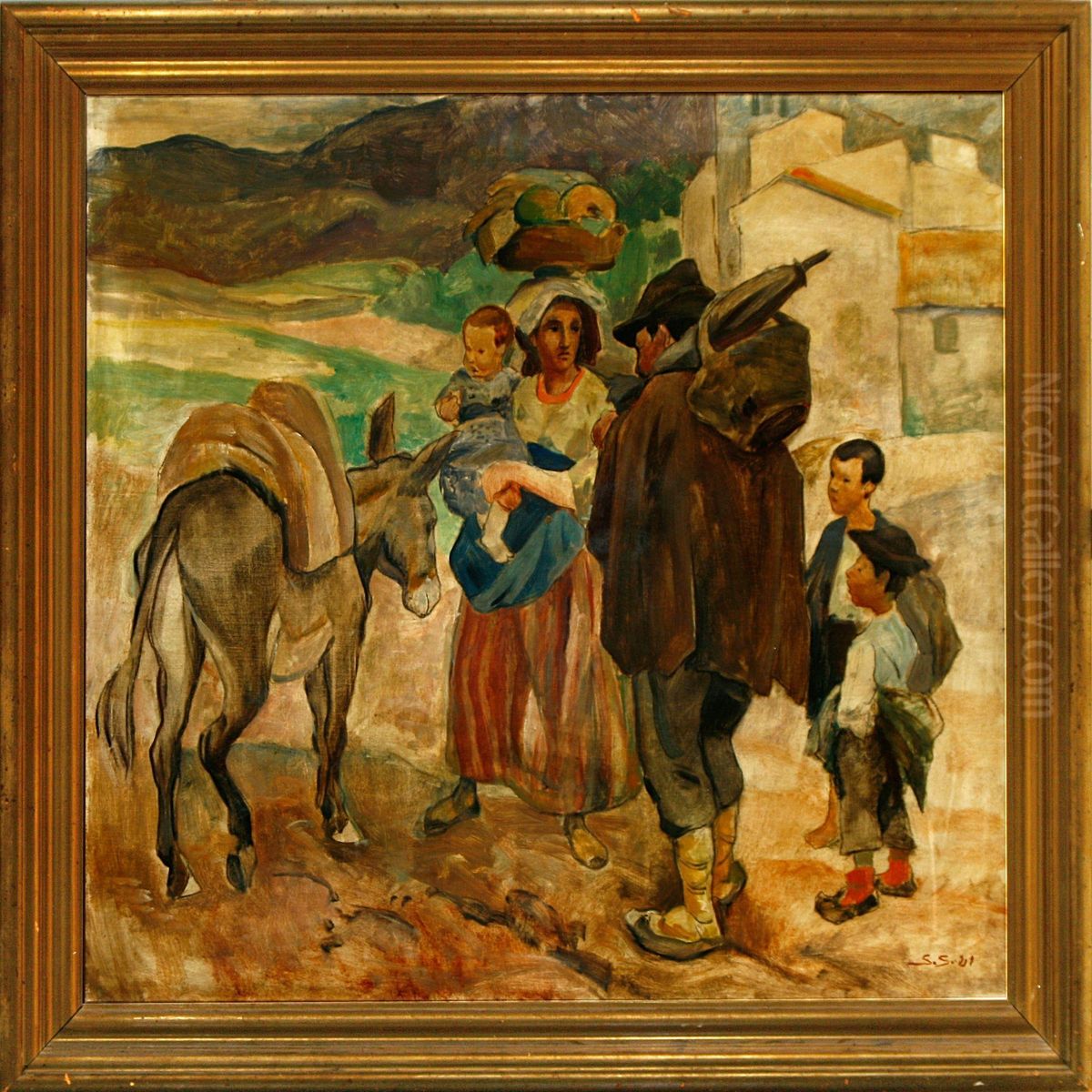 A Family With Their Donkey In An Italian Village Oil Painting by Soren Sorensen