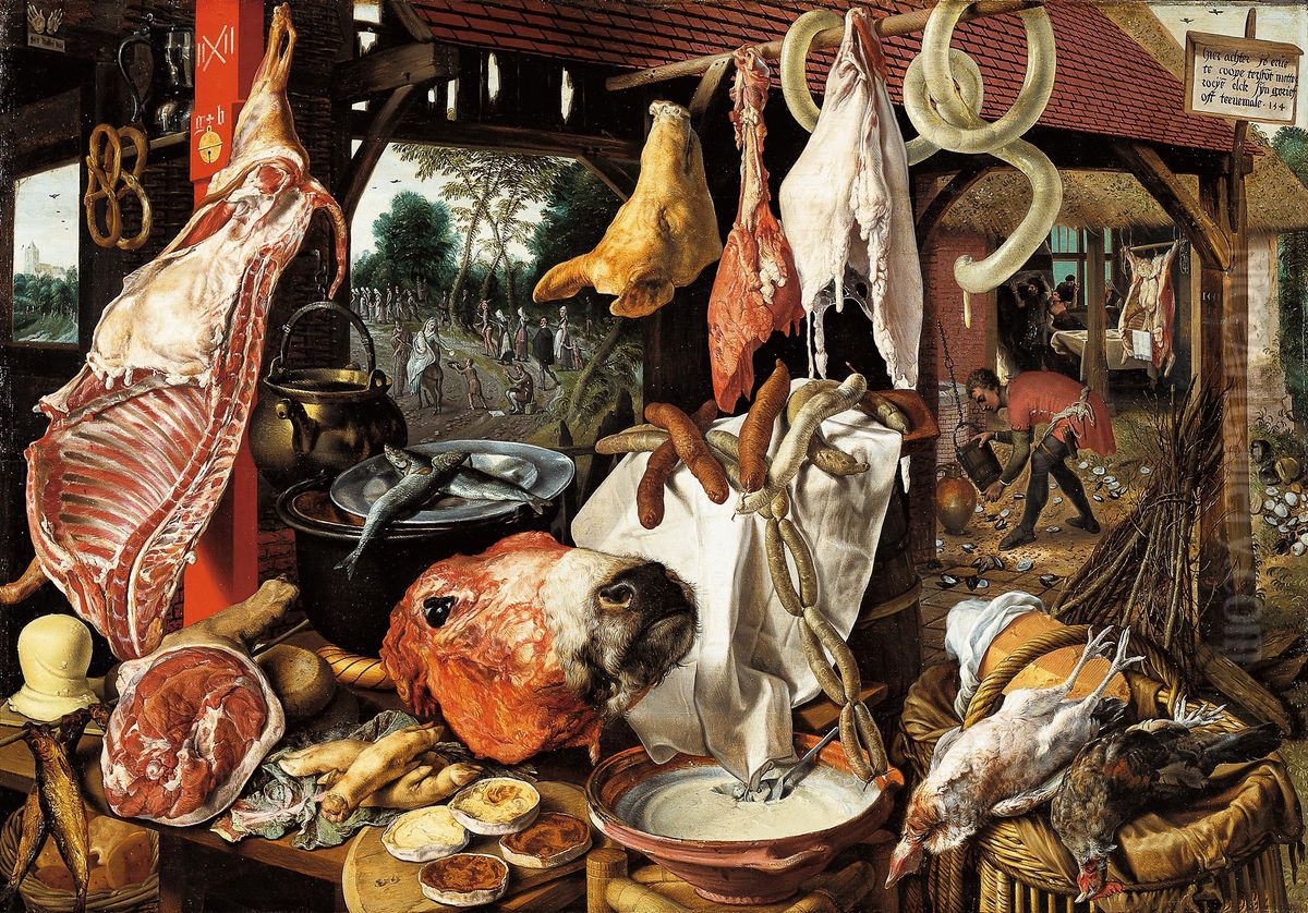 Butcher's Stall with the Flight into Egypt Oil Painting by Pieter Aertsen