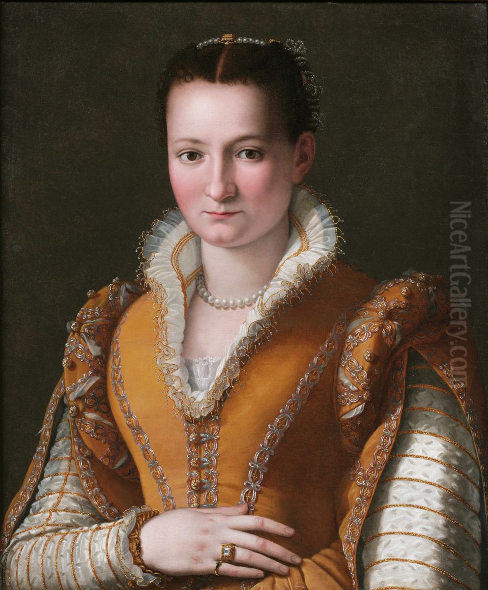 Portrait of a lady, possibly Bianca Capello de'Medici, half-length, in an embroidered gold dress and pearls Oil Painting by Alessandro Allori