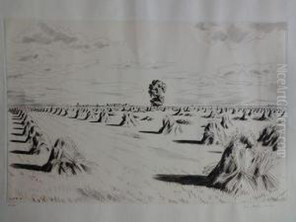 [meules Dans Un Champ, Grand Arbre A L'horizon]. 1946. Oil Painting by Louis Joseph Soulas