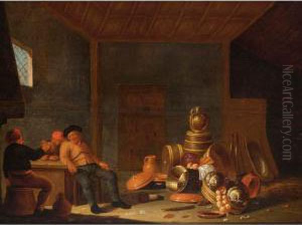 A Barn Interior With A Still Life Of Pots, A Copper Bowl, A Jug On A Barrel And Vegetables, Peasants Drinking Nearby Oil Painting by Jan Spanjaert