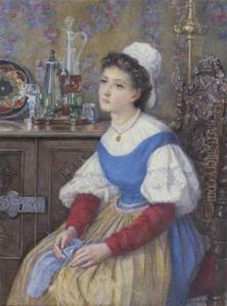 Femme Assise Cousant Oil Painting by Catherine Adelaide Sparkes