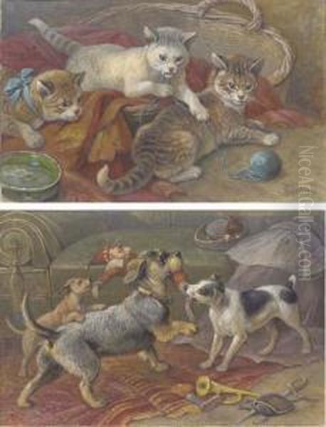 A Baby Dachshund And Husky Playing; Terriers Fighting For A Doll; Amastiff, A Dachshund, A Terrier And A Beagle By A Butcher's Door;three Kittens Playing With A Ball Of Wool; And Two Kittens Watchinga Sparrow Oil Painting by August Friedrich Specht