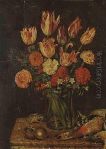 Fleurs, Grenouille Et Oiseau Oil Painting by Michel Joseph Speeckaert