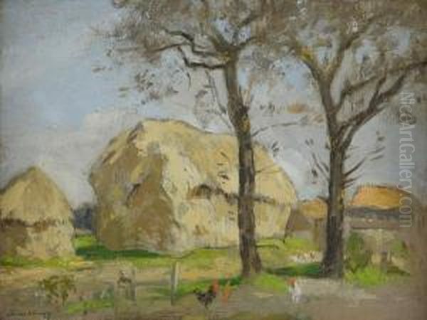 Hens And Haystacks Oil Painting by John Guthrie Spence-Smith
