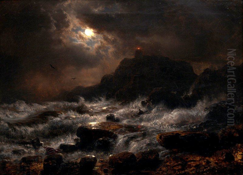 Norwegian Coast By Moonlight Oil Painting by Andreas Achenbach