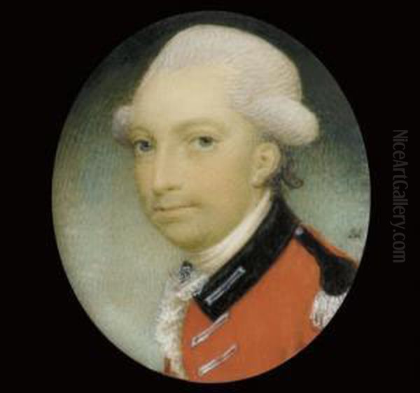 An Officer Of The 16th Light Dragoons, In Scarlet Coat With Black Facings And Silver Lace, Powdered Hair Oil Painting by Gervase Spencer