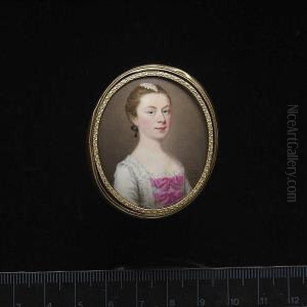 A Lady, Wearing White Dress With Frilled Trim, Two Large Pink Ribbon Bows On Her Corsage, Decoration In Her Hair, Tied Back With A Black Ribbon. Oil Painting by Gervase Spencer