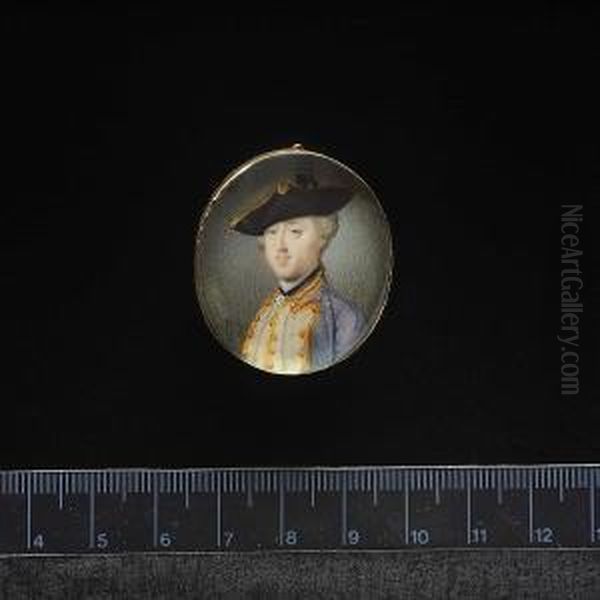 A Gentleman, Wearing Pale Blue Coat With White Facings And Gold Piping, White Waistcoat With Gold Piping, Frilled Chemise, Black Solitaire And Black Bicorn With Gold Trim, His Hair Powdered. Oil Painting by Gervase Spencer