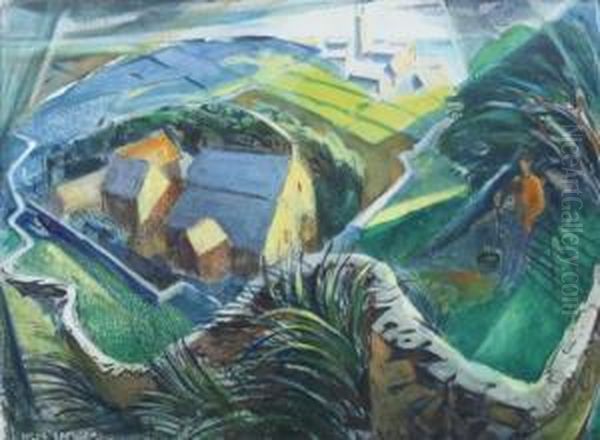 Landscape With Farm And Figure At Fence Oil Painting by Niles Spencer