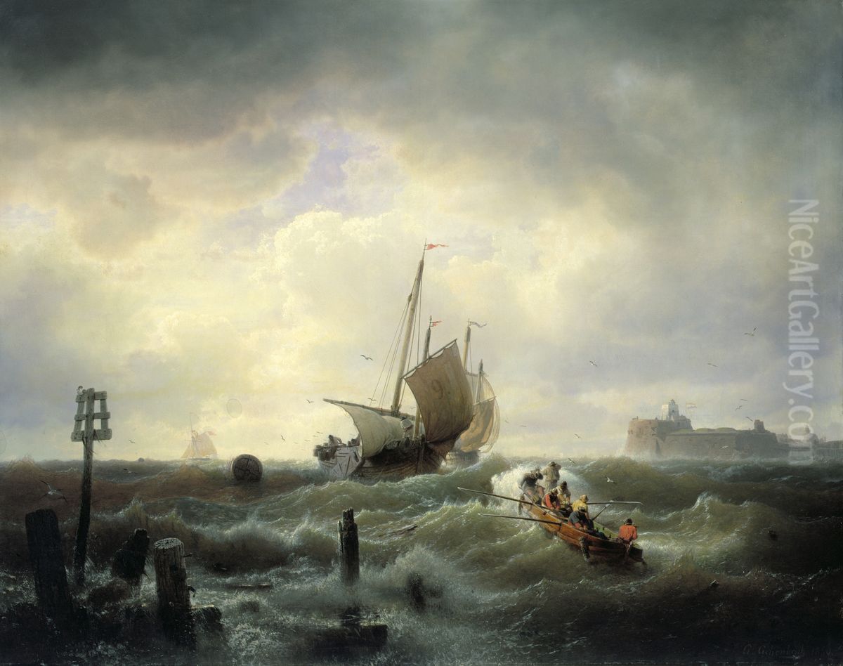 The Entrance to the Harbour at Hellevoetsluys Oil Painting by Andreas Achenbach