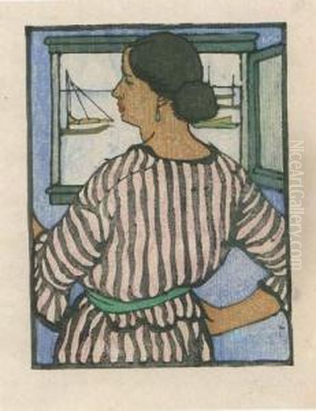 [femme De Dos Devant Fenetre Ouverte Sur La Mer]. Vers 1906-1910. Oil Painting by Maud Hunt Squire