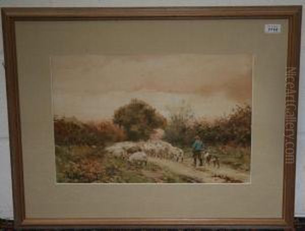 Shepherd With Sheepdog And Sheep In Rurallane Oil Painting by Walter Sydney Stacey