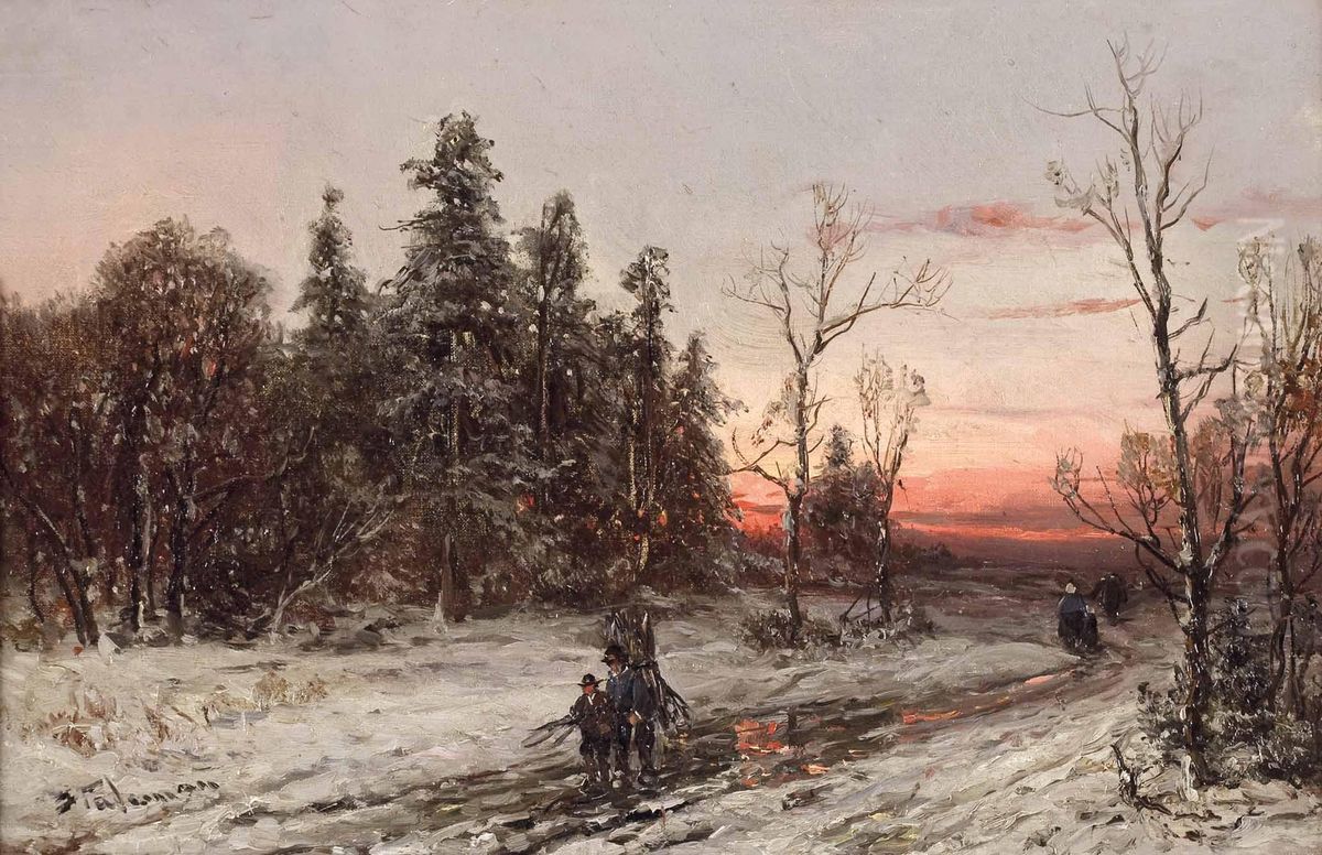 Die Heimkehrenden Reisigsammler Am Winterabend Oil Painting by Adolf Stademann