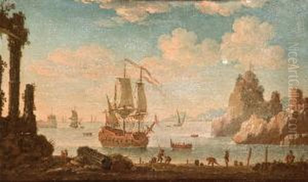 Veduta Di Porto Con Capriccio Sulla Sinistra, Vascello E Astanti In Primo Piano Oil Painting by Joseph Constantine Stadler