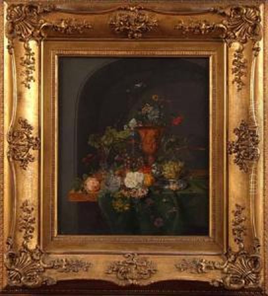 Still Life Of Fruit And Flowers On A Ledge Oil Painting by Emily, Nee Coppin Stannard