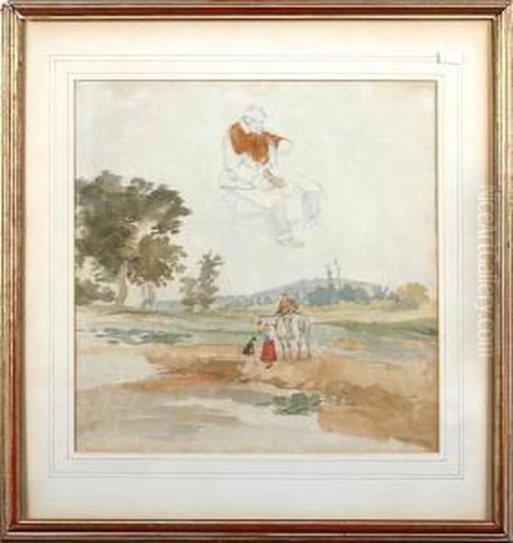 Landscape Sketch With Figure And A Horseand A Sketch Of Man Seated In The Sky On The Same Sheet Oil Painting by Joseph Stannard