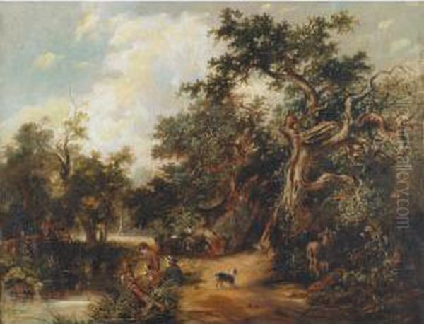 Gypsies Fishing From A Stream With Horse And Wagon Oil Painting by Arthur J. Stark