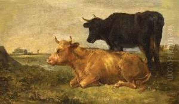 Harvest Scene; Cattle Study Oil Painting by Arthur J. Stark