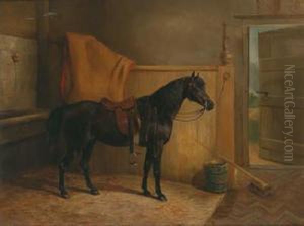 A Saddled Black Horse In The Stable Oil Painting by Arthur J. Stark