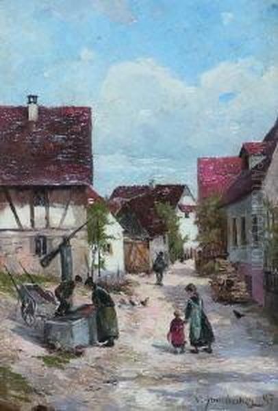 Dorfstrase Mit Brunnen. - Gehoft Mit Holzhaufen. Oil Painting by Vitus Staudacher
