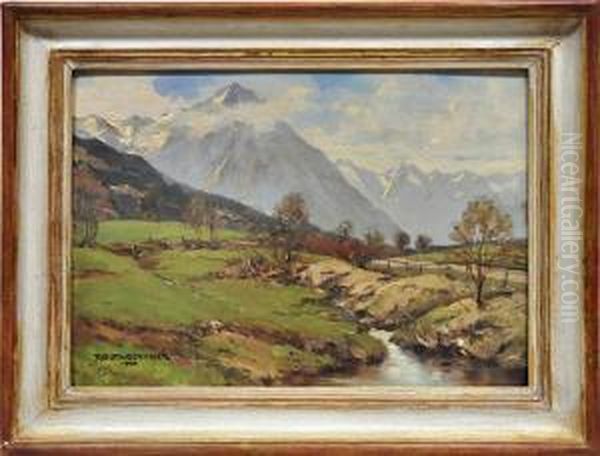 Sommerlandschaft Mit Bergkette Unter Bewolktem Himmel Oil Painting by Rudolf Staudenmaier
