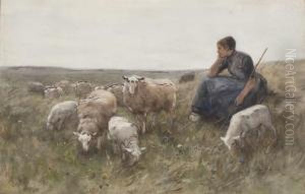 A Shepherdess With Her Flock Oil Painting by Willem II Steelink