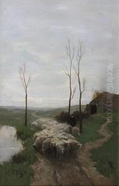 Shepherd And Flock By A Pond Oil Painting by Willem II Steelink