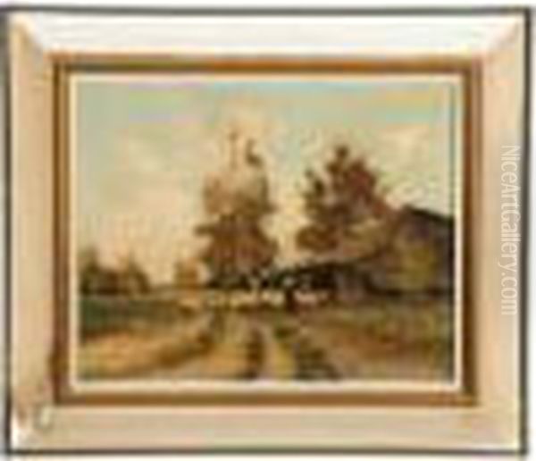 Shepherd And His Flock Near A Thatched Cottage Oil Painting by Willem II Steelink