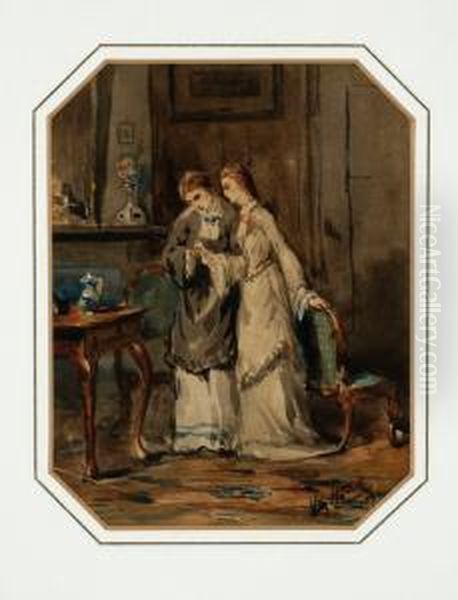 Two Women Bent Over A Letter Oil Painting by Willem II Steelink