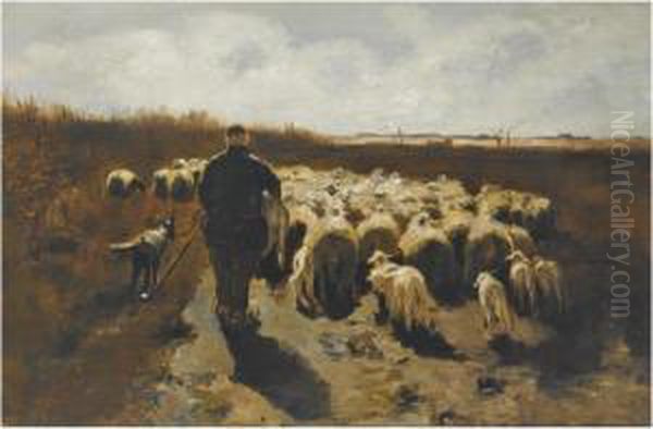 A Shepherd With His Flock In In An Autumn Landscape Oil Painting by Willem II Steelink